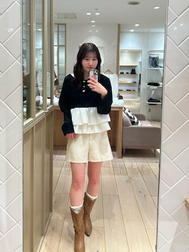 「mystic（ミスティック）の【4色展開◎】ペプラムヘンリーニット（ニット/セーター、ブラック系）」を使った、Takaraさん（レディース・166cm）の春コーディネート