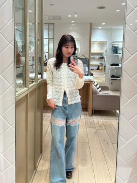 「mystic（ミスティック）のフラワーカットレースカーディガン（Tシャツ/カットソー、ホワイト系）」を使った、Takaraさん（レディース・166cm）の春コーディネート