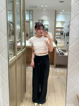 「mystic（ミスティック）の《新色RED》ふわふわシャーリングTシャツ（Tシャツ/カットソー、ピンク系）」を使った、Takaraさん（レディース・166cm）の春コーディネート
