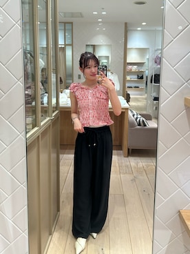 「mystic（ミスティック）のシャーリングフレンチブラウス（シャツ/ブラウス、レッド系）」を使った、Takaraさん（レディース・166cm）の夏コーディネート
