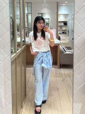 「mystic（ミスティック）のショートロゴTシャツ（Tシャツ/カットソー、ホワイト系）」を使った、Takaraさん（レディース・166cm）の夏コーディネート