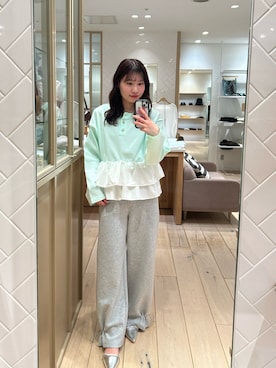 「mystic（ミスティック）の【4色展開◎】ペプラムヘンリーニット（ニット/セーター、グリーン系）」を使った、Takaraさん（レディース・166cm）の春コーディネート