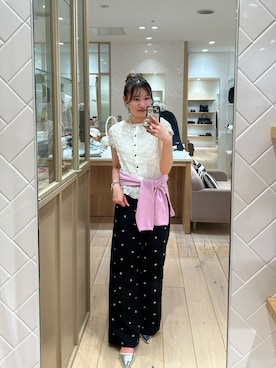 「mystic（ミスティック）のエアリーシャーリングブラウス（シャツ/ブラウス、ホワイト系）」を使った、Takaraさん（レディース・166cm）の春コーディネート