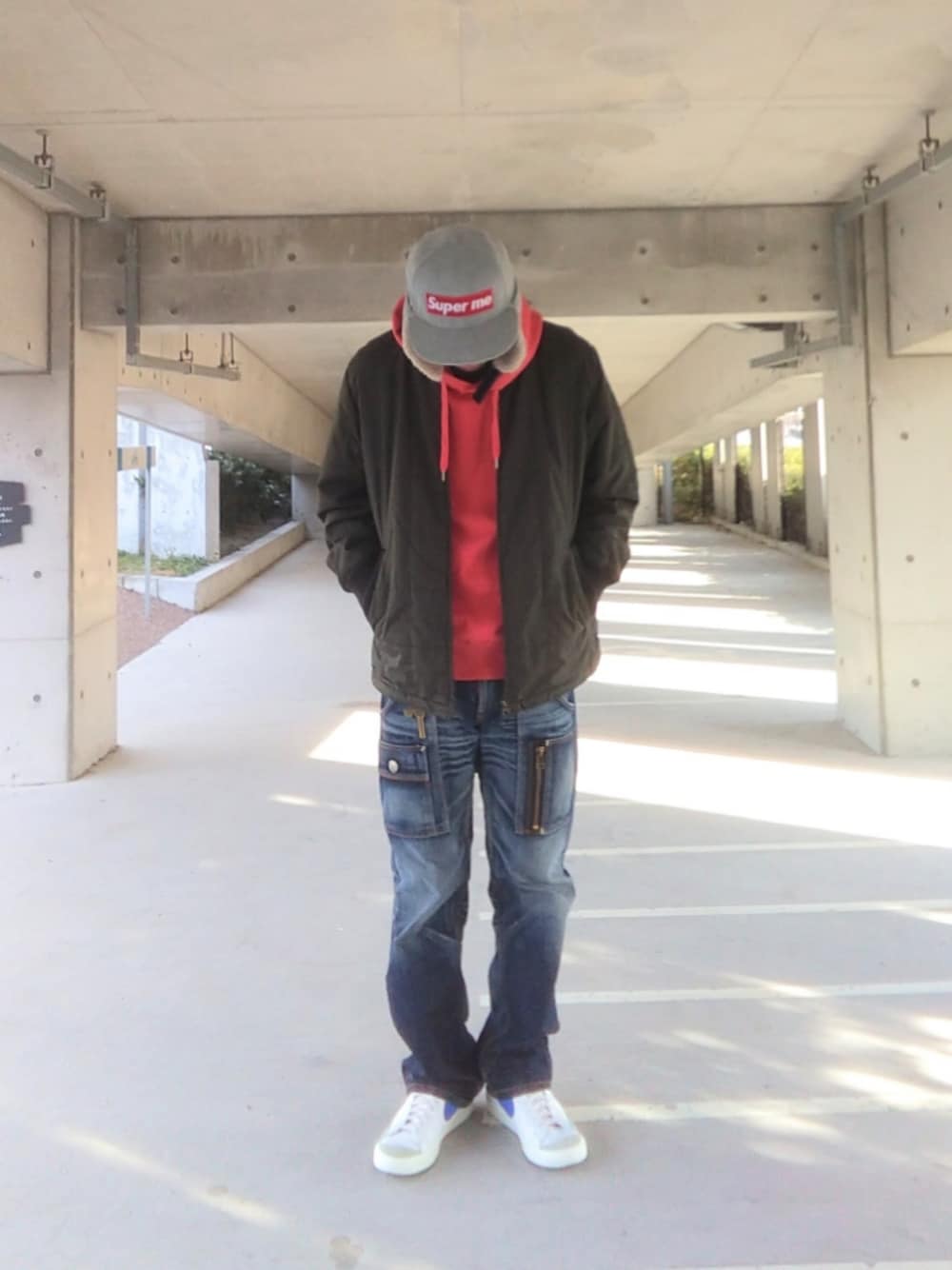 「NIKE、ブレーザー、ブレーザーMID、EDWIN、512、UNIQLO、中綿ジャケット、superme、フライトキャップ、stussy、キルティング、冬アウター」｜「Super ｍeのアイテム（キャップ、グレー系）」を使った、hasshi(ハッシー)さん（メンズ・172cm）の冬コーディネートの1枚目の写真
