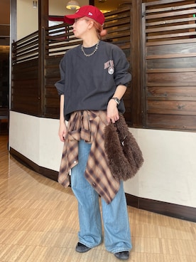 「Ungrid（アングリッド）のビッグルーズチェックシャツ（シャツ/ブラウス）」を使った、佐藤薫さん（レディース・162cm）の秋コーディネート