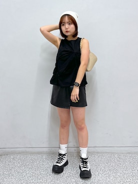 「アイテム（ニットキャップ/ビーニー、ホワイト系）」を使った、maoさん（レディース・158cm）の夏コーディネート