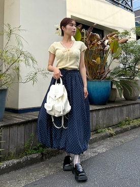 「Nia（ニア）のNia(ニア)/ボウタイリボンサマーニット（ニット/セーター、イエロー系）」を使った、seran (Nia)さん（レディース・160cm）の春コーディネート