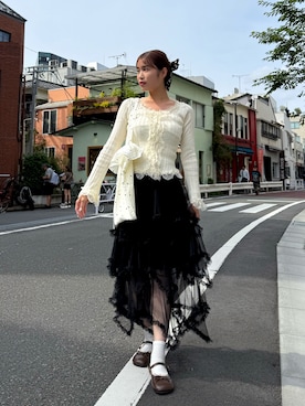 「Nia（ニア）のNia(ニア)/レース付きリブカットソー（Tシャツ/カットソー、ホワイト系）」を使った、seran (Nia)さん（レディース・160cm）の春コーディネート