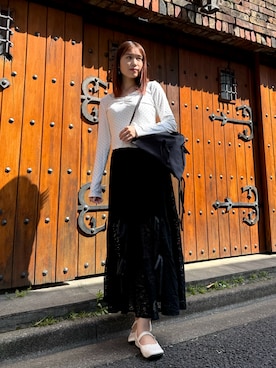 「Nia（ニア）のNia(ニア)/ドット柄　長袖ガーリーカットソー（Tシャツ/カットソー、ホワイト系）」を使った、seran (Nia)さん（レディース・160cm）の春コーディネート
