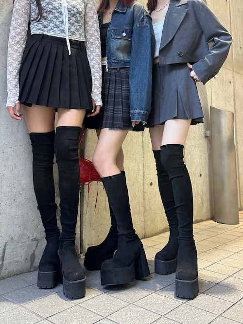 EMODA ロング ブーツ スクエアフィット ブラック スエード 厚底 L エモダ EMODA スクエアフィットロングブーツ （ブラック