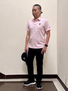 「adabat（アダバット）の【ADABAT NAVY】吸水速乾/UVカット シャダンカノコエンブレム半袖ポロシャツ（ポロシャツ、ピンク系）」を使った、いけさん（メンズ・170cm）の夏コーディネート