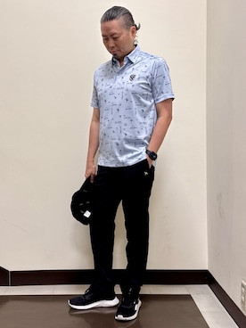 「adabat（アダバット）の【ADABAT NAVY】吸水速乾/UVカット サルーキサマーロゴプリント半袖ポロシャツ（ポロシャツ、ブルー系）」を使った、いけさん（メンズ・170cm）の夏コーディネート