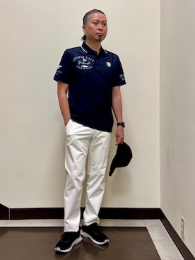 「adabat（アダバット）の【ADABAT NAVY】吸水速乾/UVカット カノコグラフィックロゴ半袖ポロシャツ（ポロシャツ、ブルー系）」を使った、いけさん（メンズ・170cm）の夏コーディネート