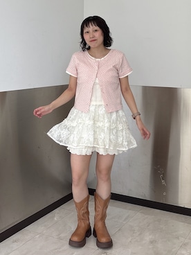 「w closet（ダブルクローゼット）の【無地/花柄】パターンメッシュレイヤードT　夏服（Tシャツ/カットソー、ピンク系）」を使った、naoさん（レディース・151cm）の夏コーディネート