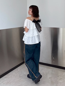 「w closet（ダブルクローゼット）の2WAYリボンブラウス（シャツ/ブラウス、ホワイト系）」を使った、naoさん（レディース・151cm）の夏コーディネート