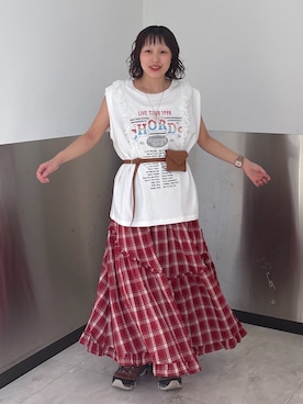 「w closet（ダブルクローゼット）のアソートティアードキャミワンピース（ワンピース、レッド系）」を使った、naoさん（レディース・151cm）の夏コーディネート