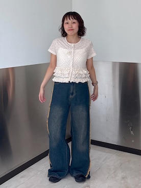 「w closet（ダブルクローゼット）の半袖ドットレースフリルカーディガン　夏服（Tシャツ/カットソー、ピンク系）」を使った、naoさん（レディース・151cm）の夏コーディネート