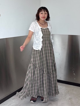 「w closet（ダブルクローゼット）のアソートティアードキャミワンピース（ワンピース、グリーン系）」を使った、naoさん（レディース・151cm）の夏コーディネート