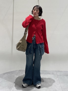 「w closet（ダブルクローゼット）のマルチWAYフリルカーディガン（カーディガン/ボレロ、レッド系）」を使った、naoさん（レディース・151cm）の春コーディネート