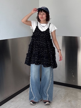 「w closet（ダブルクローゼット）の【新色ドット柄が登場！】【季節問わず使える】立体レースミニキャミワンピース（ワンピース、ブラック系）」を使った、naoさん（レディース・151cm）の夏コーディネート