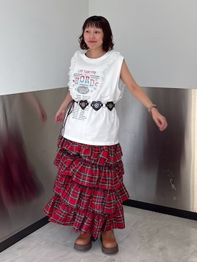「w closet（ダブルクローゼット）のフリルティアードジャンパースカート（ワンピース、レッド系）」を使った、naoさん（レディース・151cm）の夏コーディネート