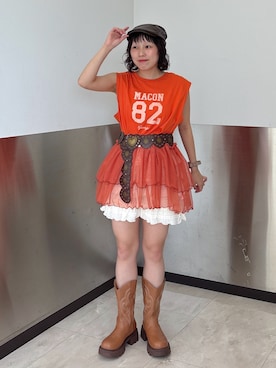 「w closet（ダブルクローゼット）のナンバリングギャザーT 夏服（Tシャツ/カットソー、オレンジ系）」を使った、naoさん（レディース・151cm）の夏コーディネート