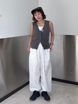 「w closet（ダブルクローゼット）の【ドット/無地】セットアイテム対応ドロストパンツ（その他パンツ、ホワイト系）」を使った、naoさん（レディース・151cm）の夏コーディネート
