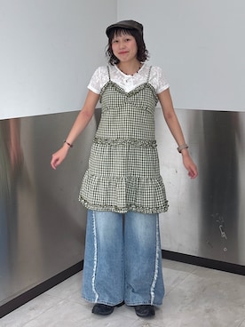 「w closet（ダブルクローゼット）のチェックティアードミニキャミワンピース（ワンピース、グリーン系）」を使った、naoさん（レディース・151cm）の夏コーディネート