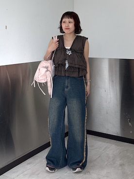 「w closet（ダブルクローゼット）のマルチWAYノースリブラウス 夏服（シャツ/ブラウス、ブラウン系）」を使った、naoさん（レディース・151cm）の夏コーディネート