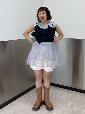 「w closet（ダブルクローゼット）のナンバリングギャザーT 夏服（Tシャツ/カットソー、グレー系）」を使った、naoさん（レディース・151cm）の夏コーディネート