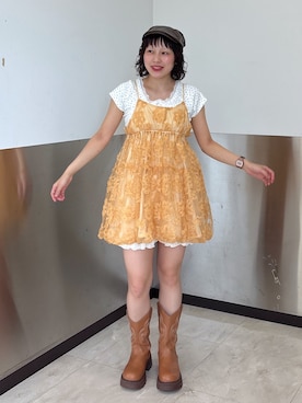 「w closet（ダブルクローゼット）のフラワーバルーンミニキャミワンピース（チュニック、イエロー系）」を使った、naoさん（レディース・151cm）の夏コーディネート