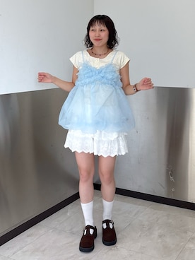 「w closet（ダブルクローゼット）のシアーバルーンキャミ　夏服（キャミソール、ブルー系）」を使った、naoさん（レディース・151cm）の夏コーディネート