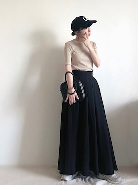 「UNIQLO（ユニクロ）のリブハイネックT（5分袖）（Tシャツ/カットソー）」を使った、ki._.styleさん（レディース・154cm）の夏コーディネート