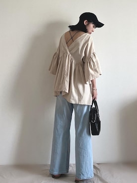 「袖ボリューム」｜「アイテム（帽子）」を使った、ki._.styleさん（レディース・154cm）の夏コーディネート