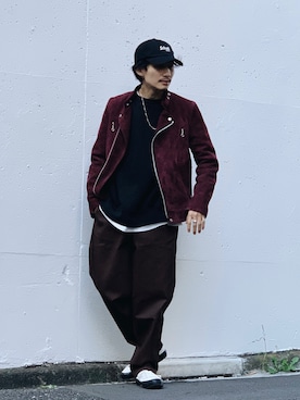 「アイテム（ライダースジャケット、レッド系）」を使った、Satsuma Gotoさん（メンズ・169cm）の秋コーディネート