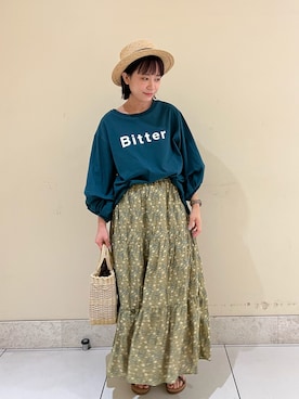 「Samansa Mos2（サマンサ モスモス）の袖タックロゴTシャツ（Tシャツ/カットソー、グリーン系）」を使った、ワカナ︎☺︎さん（レディース・154cm）の夏コーディネート