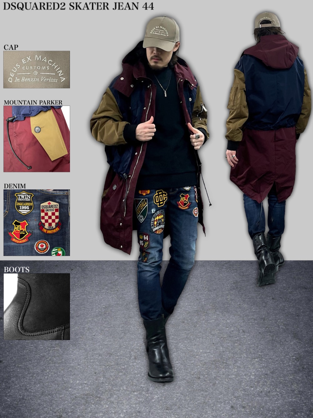 「スウェット、マウンテンパーカー、ブーツ、キャップ、秋のコーデ、クラッシュデニム、DSQUARED2、オトナカジュアル、ワッペンデニム、ドッキングアウター」｜「DSQUARED2のPANTS 5 POCKETS /SKATER /COLLEGE PATCH WASH /0202（デニムパンツ、ブルー系）」を使った、YUKIさん（メンズ・168cm）の冬コーディネートの1枚目の写真