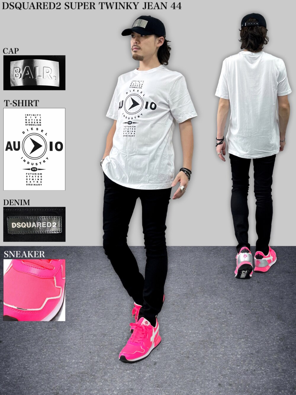 「ストリート、メタリック小物、キャップ、Tシャツ、黒デニム、黒スキニー、スニーカー、ピンクスニーカー、W6YZ、DSQUARED2」｜「DSQUARED2のPANTS 5 POCKETS /SUPER TWINKY JEAN /BLACK BULL /0212（デニムパンツ、ブラック系）」を使った、YUKIさん（メンズ・168cm）の秋コーディネートの1枚目の写真