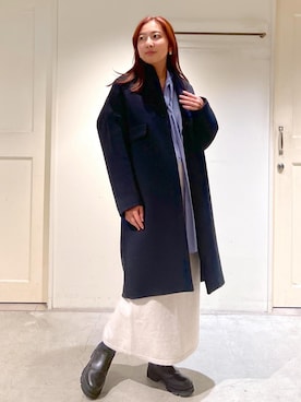 「ボウタイ」｜「アイテム（チェスターコート）」を使った、EBATAさん（レディース・162cm）の冬コーディネート