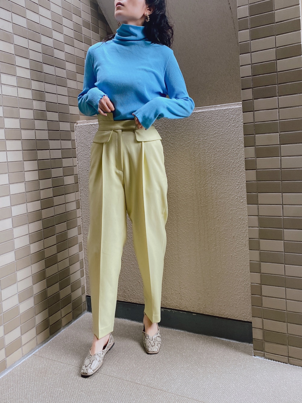 「ハイネック、タートルネック、リブトップス、リブカットソー、リブタートル、テーパードパンツ、センタープレス、ぺプラム、ペプラムパンツ、カラーコーデ、秋コーデ、ペタンコ靴、フラットシューズ、パイソン柄、パイソン柄パンプス」｜「THE SHINZONEのHIGHT NECK RIB PULLOVER（Tシャツ/カットソー、ブルー系）」を使った、GUCCIさん（レディース・167cm）の秋コーディネートの1枚目の写真