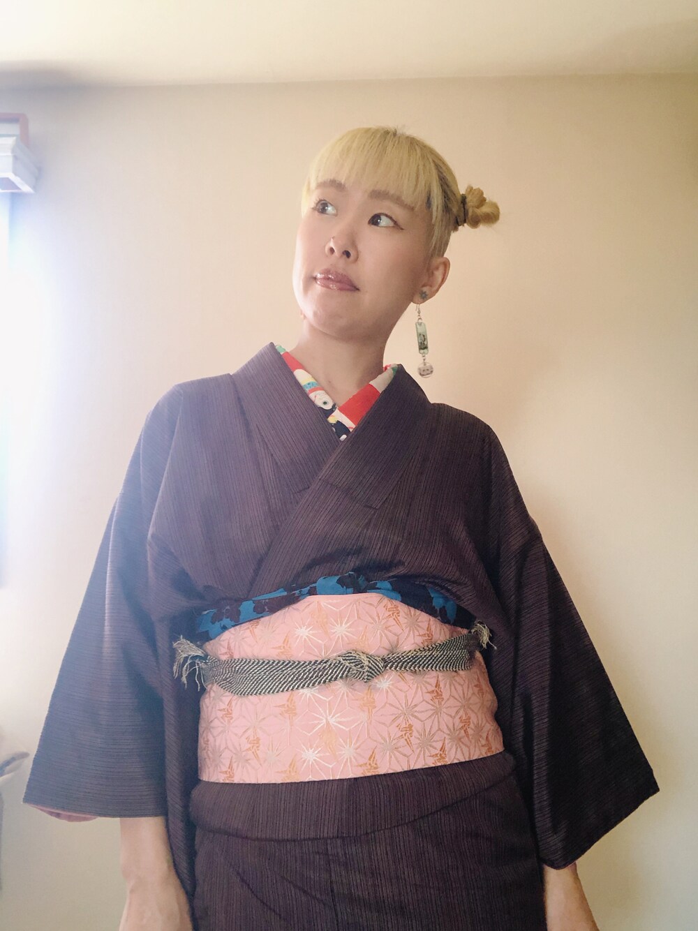 「お下がり、着物、着物好きさんと繋がりたい、きもの、着物コーデ、仕事着」｜「お下がりのアイテム（着物、ブラウン系）」を使った、じぞうさん（レディース・155cm）の春コーディネートの1枚目の写真