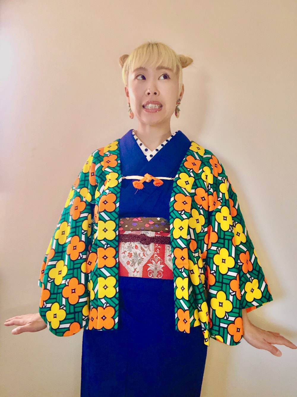 「サイケデリック、60’s、羽織、着物、ウール着物、きもの、着物コーデ、きものコーディネート、春」｜「古着のアイテム（着物、グリーン系）」を使った、じぞうさん（レディース・155cm）の春コーディネートの1枚目の写真