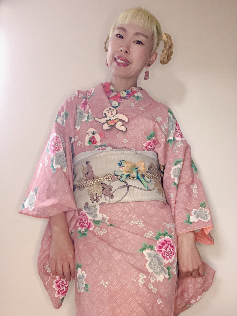「唐獅子牡丹、着物、着物コーデ、着物女子、着物アンティーク、着物好きさんと繋がりたい、着物コーディネート、アンティーク着物、アンティーク、古着、羊毛フェルト、kimono、おしゃれさんと繋がりたい」｜「唐子屋のアイテム（バレッタ/ヘアクリップ、ブルー系）」を使った、じぞうさん（レディース・155cm）の夏コーディネートの1枚目の写真