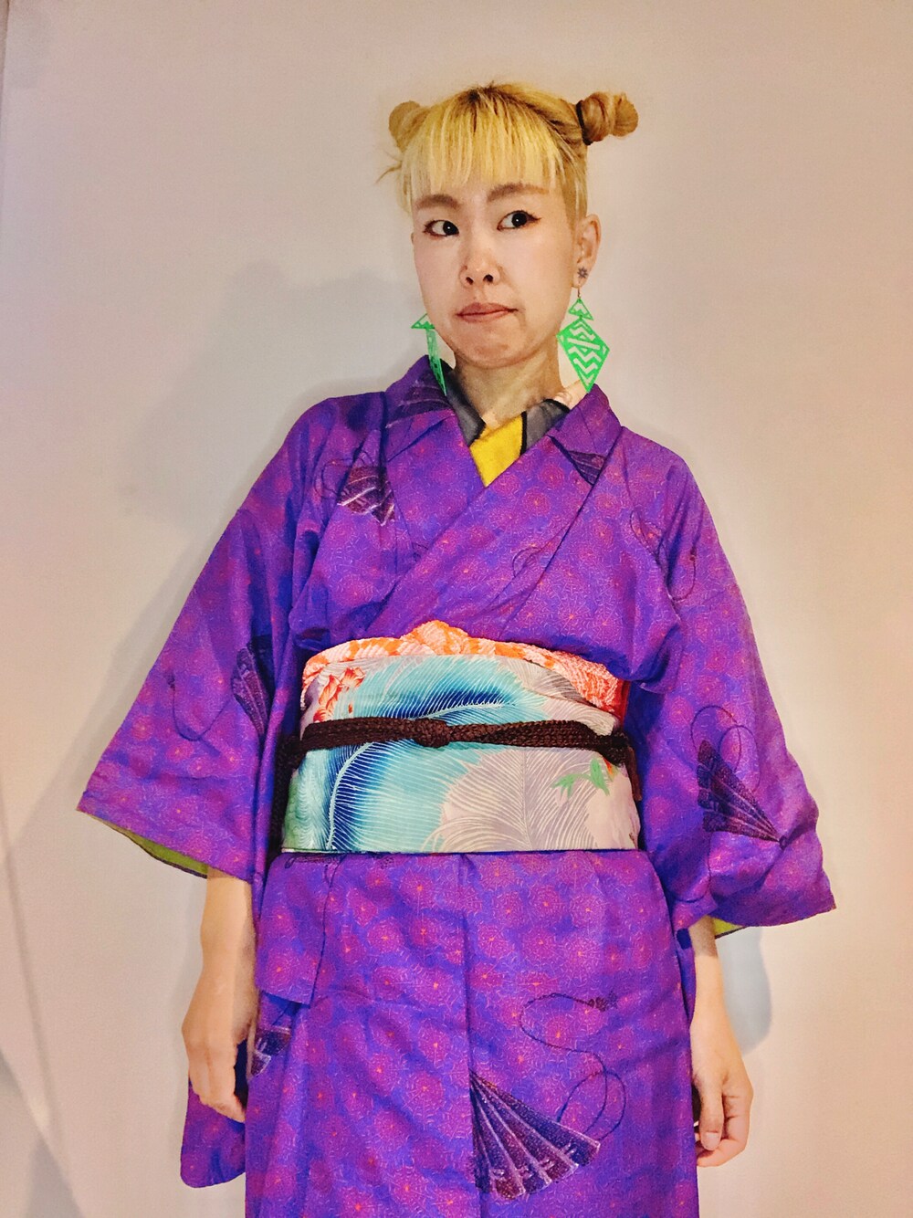「着物、アンティーク着物、紫、蜘蛛の巣、きもの、着物コーデ、ピアス、対丈」｜「麻のハ堂のアイテム（着物、パープル系）」を使った、じぞうさん（レディース・155cm）の冬コーディネートの1枚目の写真