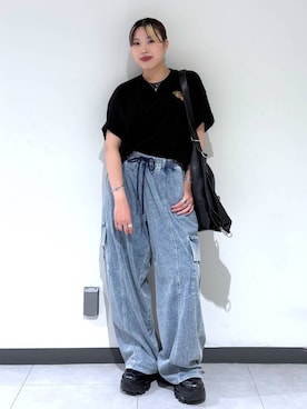 「PAGEBOY（ページボーイ）のマルチWAYバックルバッグ【500mlペットボトル収納可能/リュック/トート/斜めかけ出来る】（ショルダーバッグ、ブラック系）」を使った、りりりさん（レディース・157cm）の夏コーディネート