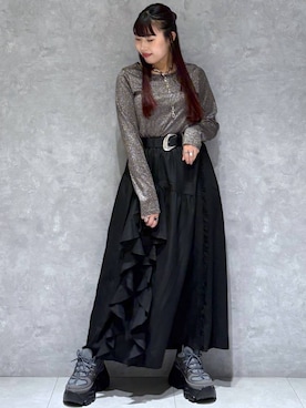 「PAGEBOY（ページボーイ）のラインフリンジティアードスカート/フリルスカート【ウエストゴム・ストレスフリー】（スカート）」を使った、りりりさん（レディース・157cm）の秋コーディネート