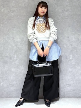 「PAGEBOY（ページボーイ）の【SHORT＆LONGの2サイズ展開】プレッピーカレッジスウェット（スウェット、グレー系）」を使った、りりりさん（レディース・157cm）の春コーディネート