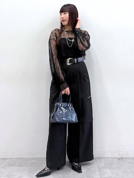 「PAGEBOY（ページボーイ）のヴィンテージバックルベルト（ベルト、ブラック系）」を使った、りりりさん（レディース・157cm）の春コーディネート