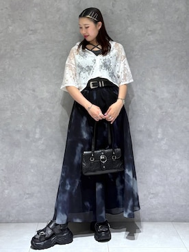 「PAGEBOY（ページボーイ）のスモークアートフレアスカート（スカート、ブラック系）」を使った、りりりさん（レディース・157cm）の夏コーディネート