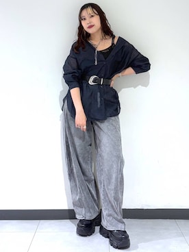 「PAGEBOY（ページボーイ）のヴィンテージバックルベルト2（ベルト、ブラック系）」を使った、りりりさん（レディース・157cm）の夏コーディネート